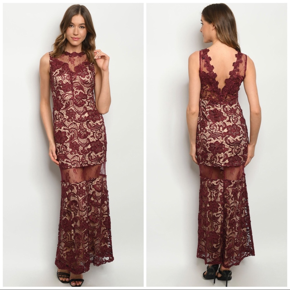 Womens Burgundy Lace Mermaid Maxi Dress with Sheer Panel Scalloped Edge size 6 8